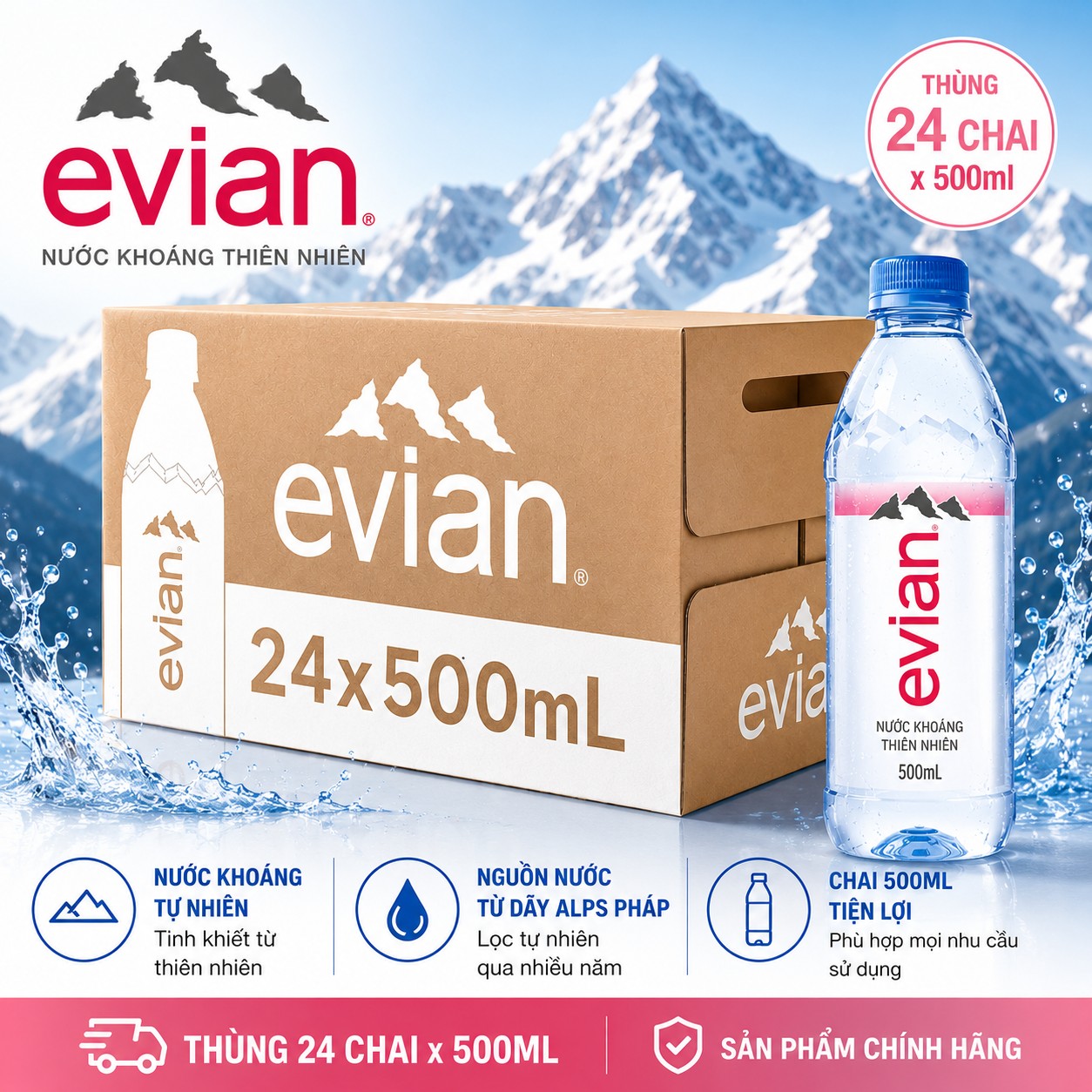 Nước khoáng Evian 500ml thùng 24 chai chính hãng nhập khẩu Pháp