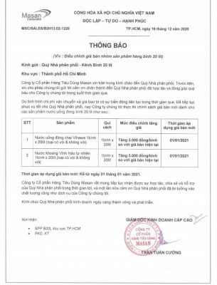 Thông Báo Tăng Gía Vĩnh Hảo Vihawa 20L