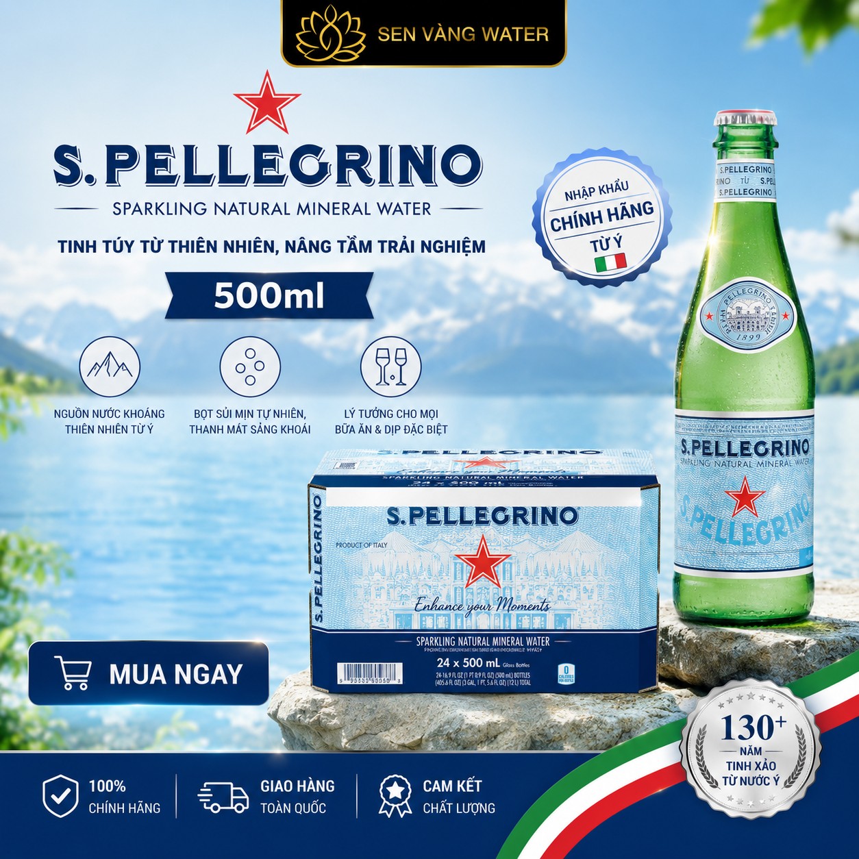 Đại lý nước uống Sen Vàng Water chuyên phân phối nước khoáng S.Pellegrino 500ml chính hãng